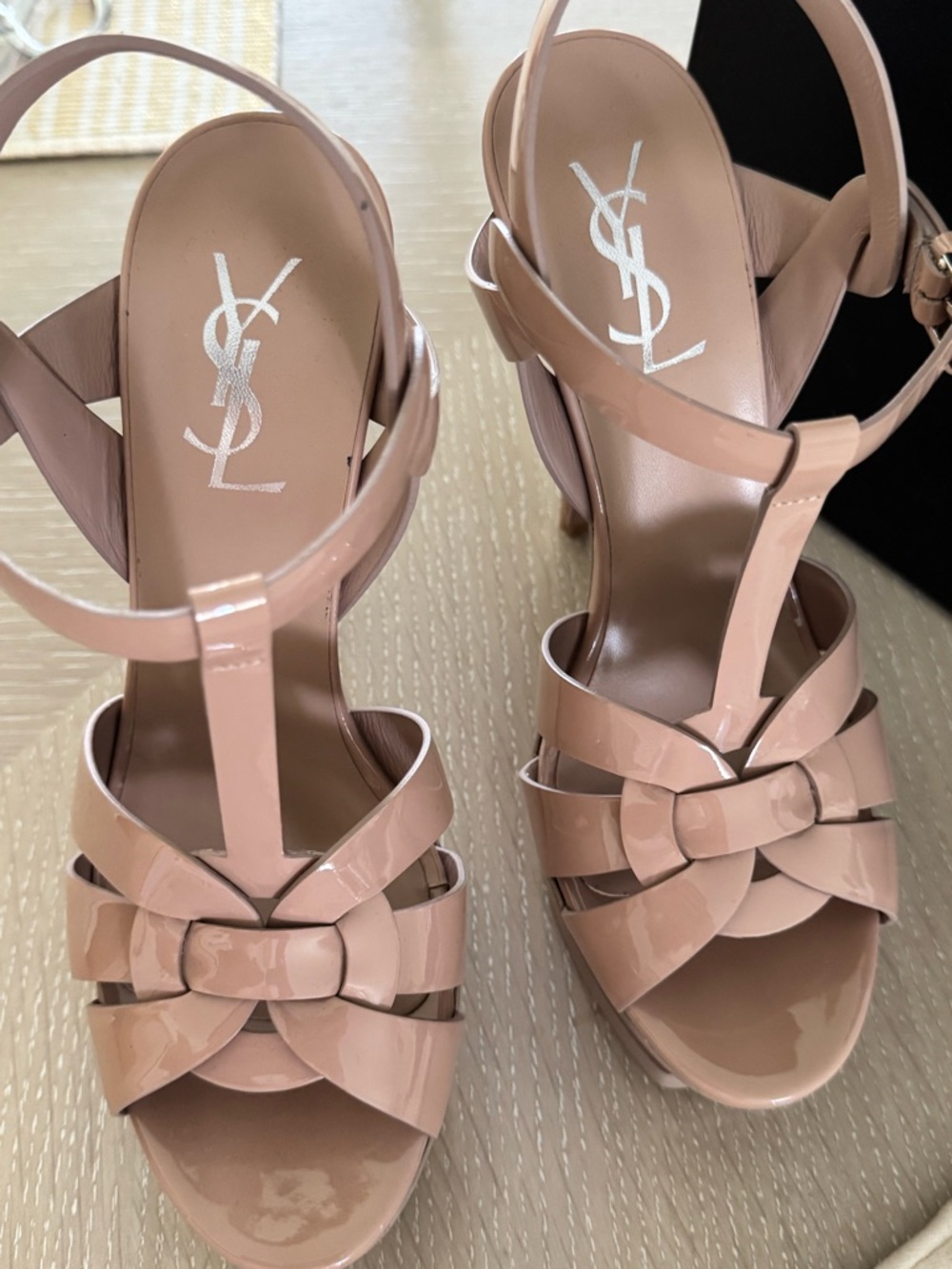Yves Saint Laurent Blush Patent Leather T-Strap Heels with Bow Detail